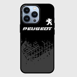 Чехол iPhone 13 Pro Peugeot speed на темном фоне со следами шин посере