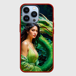 Чехол для iPhone 13 Pro Нейросеть - девушка с зелёным драконом, цвет: 3D-красный