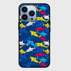 Чехол для iPhone 13 Pro Разноцветные акулы на глубине, цвет: 3D-черный