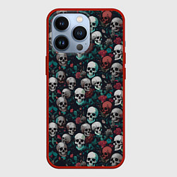 Чехол iPhone 13 Pro Красные цветы и черепа