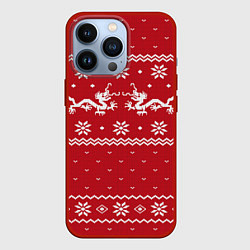 Чехол для iPhone 13 Pro Новогодний свитер с драконами, цвет: 3D-красный