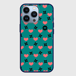 Чехол для iPhone 13 Pro Бирюза и розовый: сердца и сюрикены, цвет: 3D-тёмно-синий