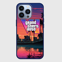 Чехол для iPhone 13 Pro GTA 6 лого на фоне заката, цвет: 3D-тёмно-синий