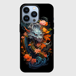 Чехол iPhone 13 Pro Китайский дракон с цветами и волнами