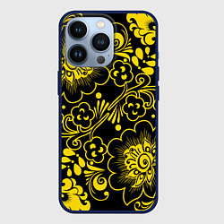 Чехол для iPhone 13 Pro Хохломская роспись золотые цветы на чёроном фоне, цвет: 3D-тёмно-синий