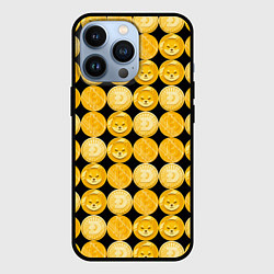 Чехол для iPhone 13 Pro Золотые монеты Биткоин, Доджкоин, Шиба ину паттерн, цвет: 3D-черный