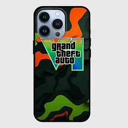 Чехол для iPhone 13 Pro Gta лого зелено-оранжевый камуфляж, цвет: 3D-черный
