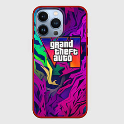Чехол для iPhone 13 Pro Gta лого фиолетовый камуфляж, цвет: 3D-красный