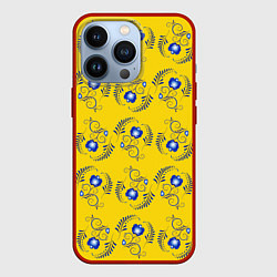 Чехол iPhone 13 Pro Узор - цветы гжель на желтом фоне