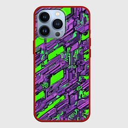 Чехол iPhone 13 Pro Фиолетовые фрагменты на зелёном фоне