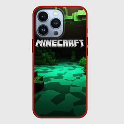 Чехол iPhone 13 Pro Minecraft logo зеленый яркий мир