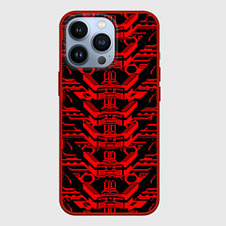 Чехол iPhone 13 Pro Красная техно-броня на чёрном фоне
