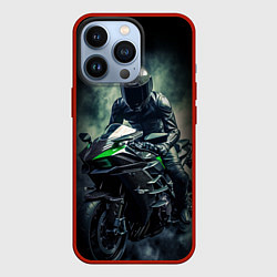 Чехол для iPhone 13 Pro Мотоциклист на спортивном байке черный фон, цвет: 3D-красный