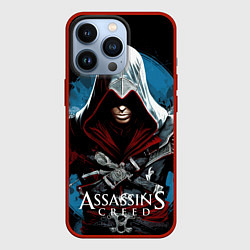 Чехол для iPhone 13 Pro Assassins creed темный синий фон, цвет: 3D-красный
