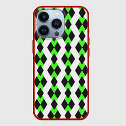 Чехол iPhone 13 Pro Чёрные и зелёные ромбы на белом фоне