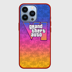Чехол для iPhone 13 Pro GTA 6 - пальмы и логотип, цвет: 3D-красный