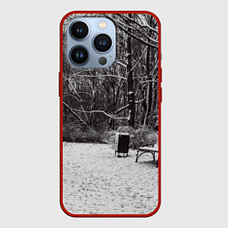 Чехол для iPhone 13 Pro Скамейка в заснеженном парке, цвет: 3D-красный