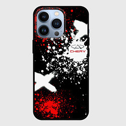 Чехол для iPhone 13 Pro Логотип Chery Automobile на фоне брызг красок, цвет: 3D-черный