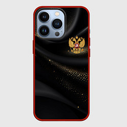 Чехол для iPhone 13 Pro Золотой герб России на черно-золотой текстуре, цвет: 3D-красный
