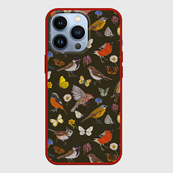 Чехол iPhone 13 Pro Птицы и бабочки с цветами паттерн