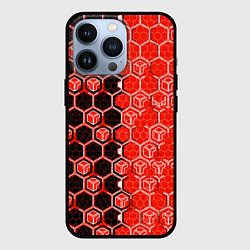 Чехол iPhone 13 Pro Техно-киберпанк шестиугольники красный и чёрный