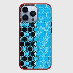 Чехол iPhone 13 Pro Техно-киберпанк шестиугольники голубой и чёрный