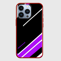 Чехол iPhone 13 Pro Бело-фиолетовые полосы на чёрном фоне