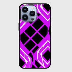 Чехол iPhone 13 Pro Чёрные квадраты и белые полосы на фиолетовом фоне