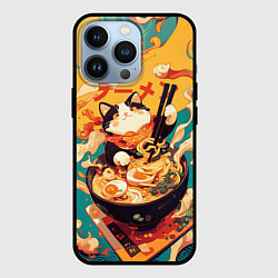 Чехол для iPhone 13 Pro The cat eats ramen, цвет: 3D-черный