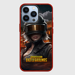 Чехол для iPhone 13 Pro PUBG девушка в шлеме, цвет: 3D-красный