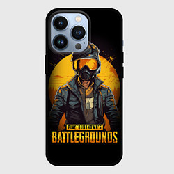 Чехол iPhone 13 Pro PUBG игрок на закате черный фон