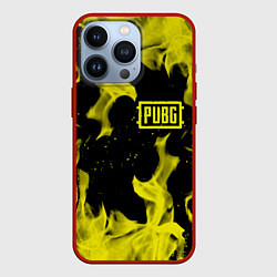 Чехол для iPhone 13 Pro PUBG жёлтый огонь, цвет: 3D-красный