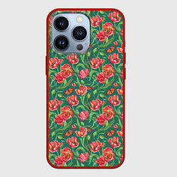 Чехол для iPhone 13 Pro Тюлпаны с бабочками, цвет: 3D-красный