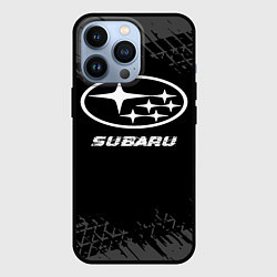 Чехол для iPhone 13 Pro Subaru speed на темном фоне со следами шин, цвет: 3D-черный