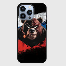 Чехол для iPhone 13 Pro Медведь на фоне российского флага, цвет: 3D-черный