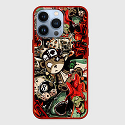 Чехол для iPhone 13 Pro Граффити плюшевого медведя среди акул азарта, цвет: 3D-красный
