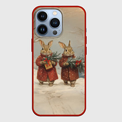 Чехол для iPhone 13 Pro Зайцы с новогодними подарками, цвет: 3D-красный
