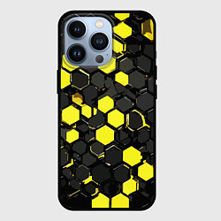 Чехол для iPhone 13 Pro Жёлто-серые шестиугольники на чёрном фоне, цвет: 3D-черный