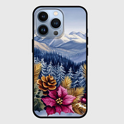 Чехол для iPhone 13 Pro Новогодний горный пейзаж с цветами, цвет: 3D-черный