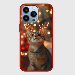 Чехол для iPhone 13 Pro Котик с новогодними рожками, цвет: 3D-красный