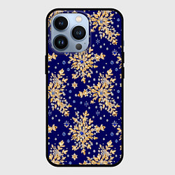 Чехол для iPhone 13 Pro Золотые снежинки на синем шелке, цвет: 3D-черный