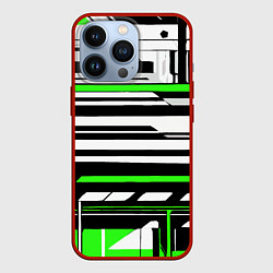 Чехол iPhone 13 Pro Зелёно-белые технологические линии на чёрном фоне