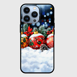 Чехол для iPhone 13 Pro Новогодние шарики на снегу, цвет: 3D-черный