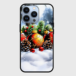 Чехол для iPhone 13 Pro Красные и желтый новогодние шары, цвет: 3D-черный