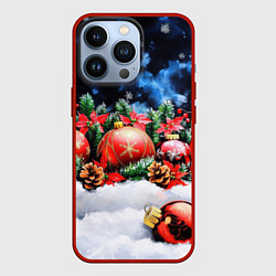 Чехол для iPhone 13 Pro Новогодние игрушки на снегу, цвет: 3D-красный