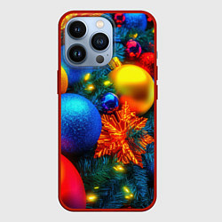 Чехол для iPhone 13 Pro Разноцветные шары на елке, цвет: 3D-красный