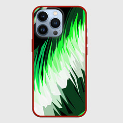Чехол для iPhone 13 Pro Зелёно-белая абстракция на чёрном фоне, цвет: 3D-красный