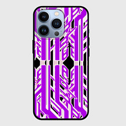 Чехол iPhone 13 Pro Бело-фиолетовые техно полосы на чёрном фоне