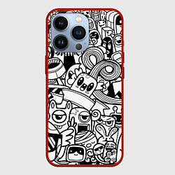 Чехол для iPhone 13 Pro Black and white doddle monsters, цвет: 3D-красный