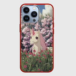 Чехол для iPhone 13 Pro Единорог на фоне сирени, цвет: 3D-красный